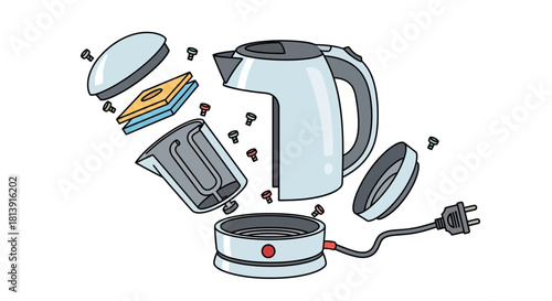 Exploded View of an Electric Kettle Showing All Its Components.