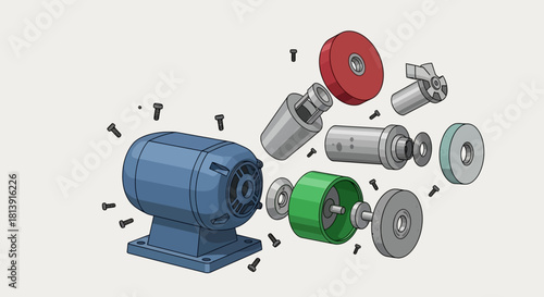 Exploded view of an electric motor and its components.