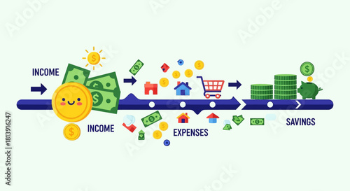 Financial literacy concept showing money flow from income to savings.