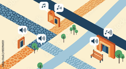 Isometric Cityscape with Sound and Music Icons.