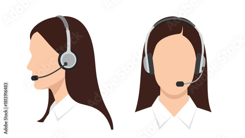 Customer Service Representative Woman with Headset Illustration - Front and Profile View Vector