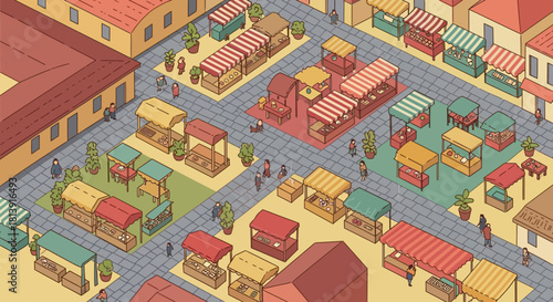 Isometric view of a bustling marketplace with various stalls and buildings.