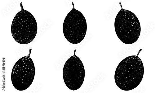 Illustration of six black jackfruits in varying orientations on a white background in monochrome style