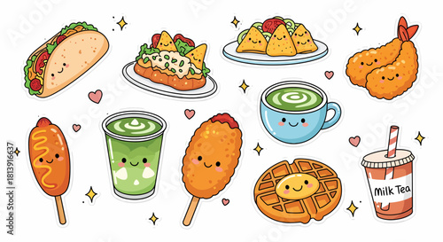 Adorable collection of smiling kawaii food illustrations, a charming set of cute snacks and drinks with happy faces