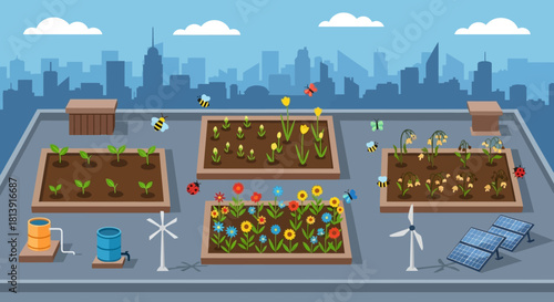Rooftop Garden with Cityscape and Renewable Energy.