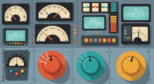 Retro Analog Control Panel with Dials and Gauges.