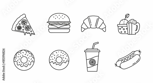 Set of Outline Food Icons Pizza, Burger, Croissant, Ice Cream, Donuts, Drink, Hot Dog - Black and White
