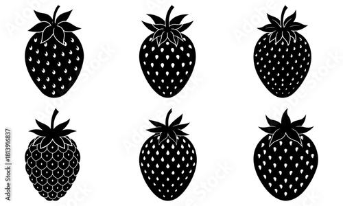 Illustration of six strawberries in black and white with varying shapes and seed distributions