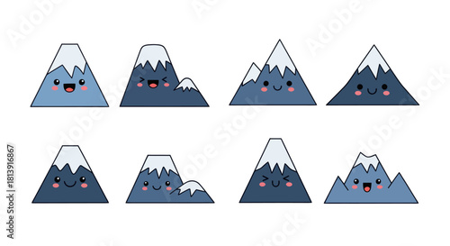 Cartoon mountain illustrations set of smiling peaks with snowy caps