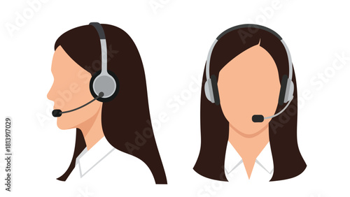 Customer Service Representative Woman with Headset Vector Illustration. Call center agent icon showing side profile and frontal view for business communication design.