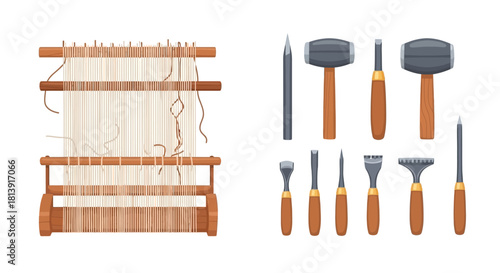 Weaving Loom and Tools Illustration.