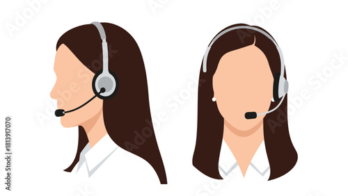 Customer Support Agent Woman with Headset Icon Set. Call center operator profile and front view vector illustration
