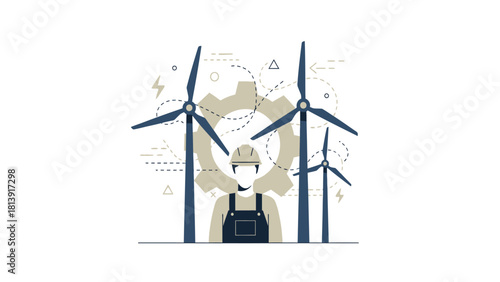 Renewable Energy Engineer Illustration with Wind Turbines and Gear Concept