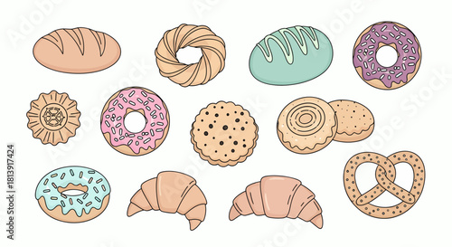A charming collection of hand-drawn sweet treats and baked goods, featuring an assortment of delicious pastries, bread, and cookies in a cute cartoon style