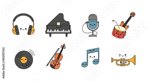 Cartoon musical instruments and audio devices on white background