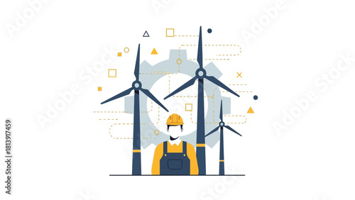 Renewable Energy Wind Turbines and Engineer Vector Illustration