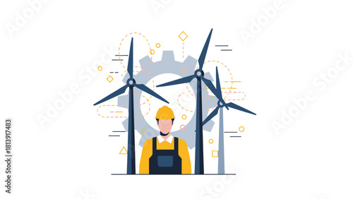Renewable Energy Engineer Working on Wind Turbines Vector Illustration. Sustainable Power Generation and Maintenance Concept