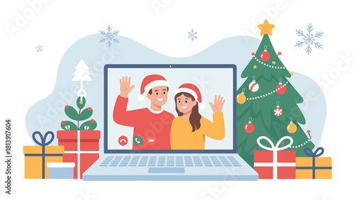 Digital Yuletide Greetings: A joyous couple shares holiday cheer via a video call, adorned in Santa hats amidst a festive display of gifts and a decorated tree.