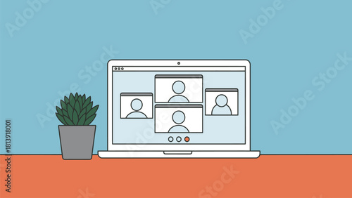 Video Conference Call Illustration on Laptop Screen. Remote Work Meeting with Four Participants Icons and Desk Plant.