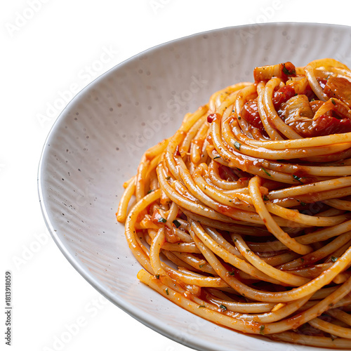 Close up of bucatini pasta with arrabbiata sauce on a white plate isolated on black background with soft lighting
