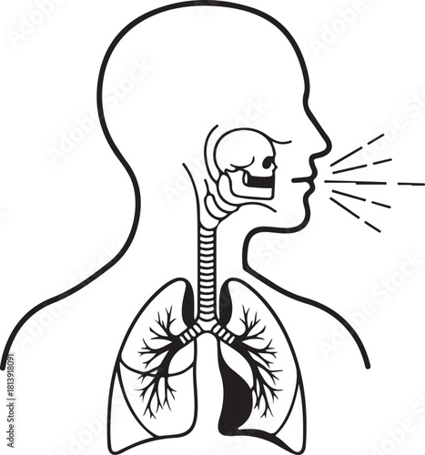 Black and White Illustration of Human Respiratory System and Exhalation