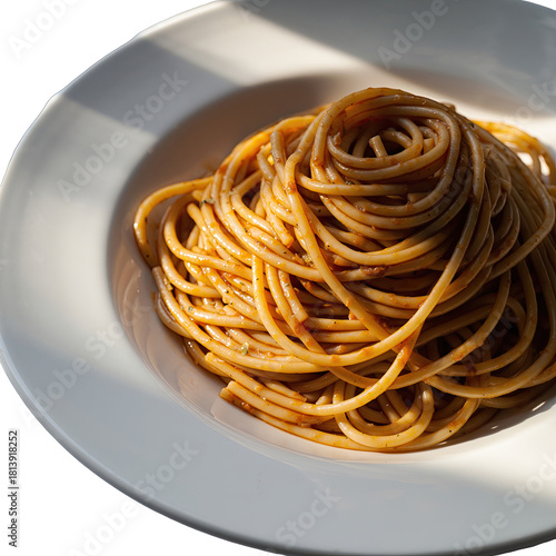 Close Up of Whole Wheat Spaghetti with Tomato Sauce on a White Plate Lit by Sunlight
