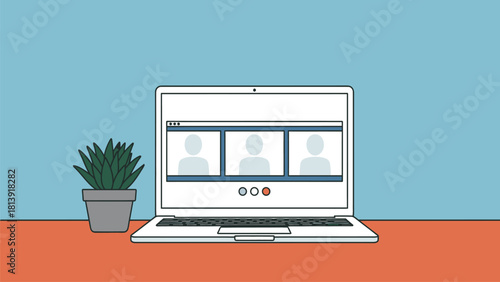 Vector Illustration of Laptop Video Conference Meeting on Desk with Potted Plant