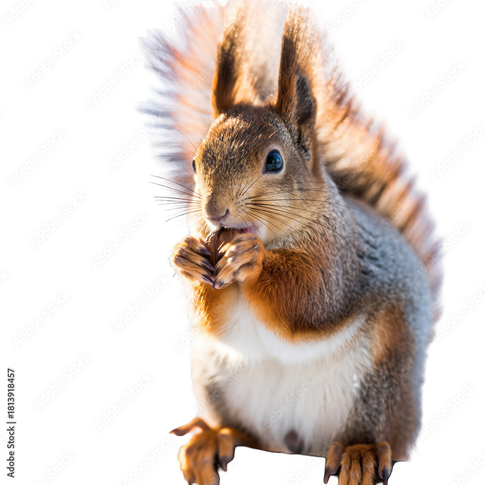 Obraz premium Close-Up Portrait Of A Squirrel Holding And Eating A Nut Against A Black Background With Soft Natural Light Illuminating Its Fur