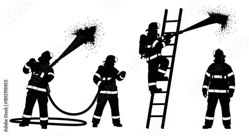 Firefighter Silhouette Vector Showing Sequential Actions — Holding Hose, Spraying, Climbing Ladder, Resting Pose

