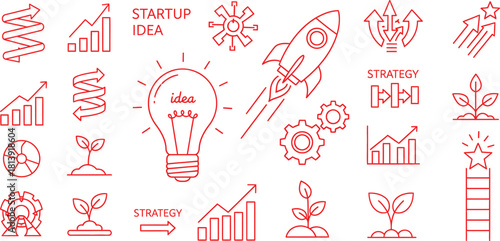 Hand drawn startup icons illustrating business growth and innovation