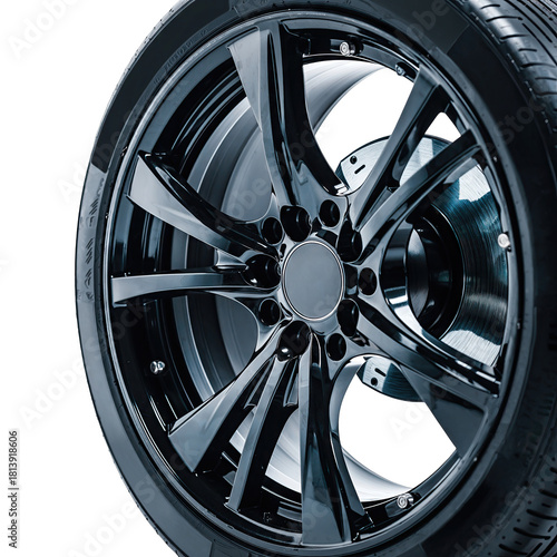 Close Up Shiny Black Alloy Car Wheel with Tire Against Black Background with Subtle Blue Lighting Reflections Creating a Sleek Modern Aesthetic