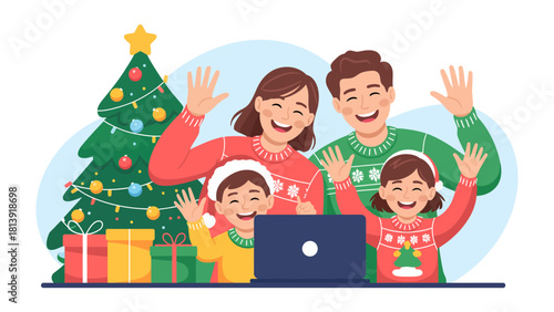 Festive Family Moments: A cheerful family gather to enjoy the holiday spirit, waving warmly in front of a decorated Christmas tree and presents. capturing the joyful moments. 