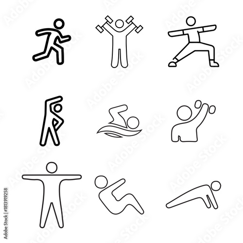 Set of simple line art icons representing various fitness activities and exercises