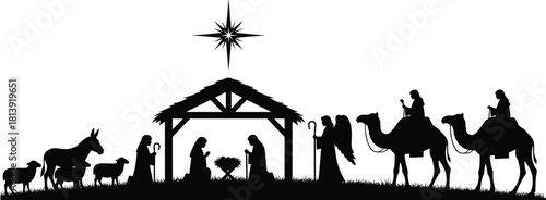 Christmas Nativity scene silhouette, birth of Jesus in manger, angel, wise men and animals, religious vector illustration.