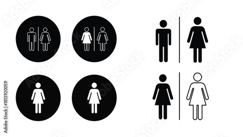 Toilet Sign Vector Icon Set. Male and Female Restroom Symbols Collection (Outline, Solid, Circular Badge Styles)