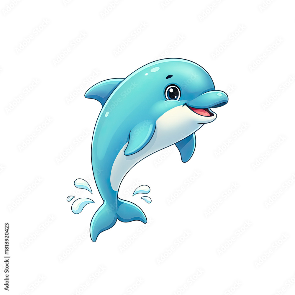 Fototapeta premium Cute cartoon light blue dolphin leaping out of water with splashing waves isolated on a transparent background playful ocean creature illustration