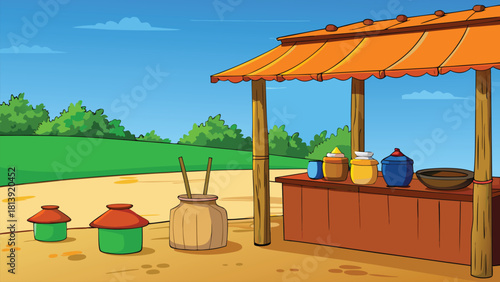Quiet village corner with food stall landscape market vector illustration ai generated art