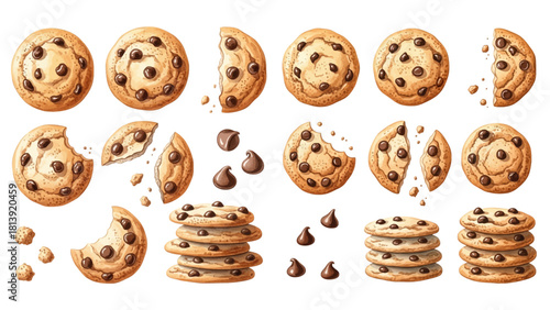 A delicious assortment of illustrated chocolate chip cookies, shown whole, broken in half, and stacked with crumbs.