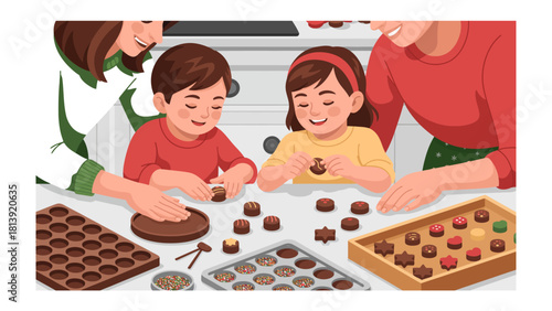 Family Chocolate Creations: A heartwarming scene unfolds as a family engages in the sweet art of chocolate making, their joyful expressions reflecting the pleasure of creating together.
