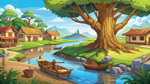 Quiet Asian village evening scene with a blazing orange sky and swaying trees vector illustration ai generated art