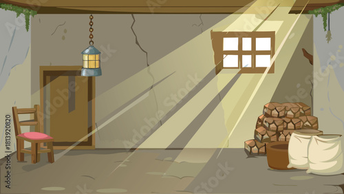 Poor farmer sitting inside a simple room interior vector illustration ai generated art