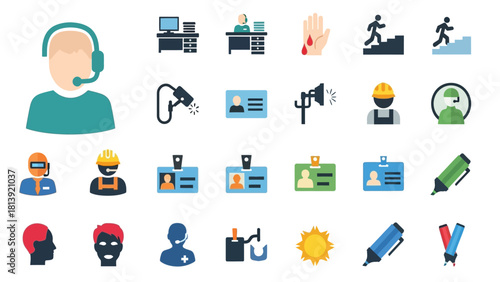 Diverse Set of Flat Vector Icons Including Customer Service, Office Work, Construction Safety, Security Surveillance, ID Badges, and Education Elements