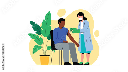 Medical Worker Administering Vaccine Injection to Male Patient. Healthcare, Immunization, and Public Health Vector Illustration.