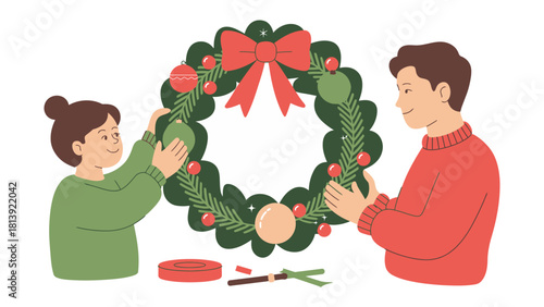 Cozy Crafting: A father and daughter, united in the warmth of the season, collaborate to create a stunning wreath adorned with festive ornaments and a cheerful red bow.