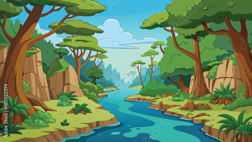 Vast jungle valley tucked between towering cliffs under a glowing sun vector illustration ai generated art