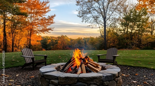 A cozy firepit in a backyard surrounded by autumn leaves
