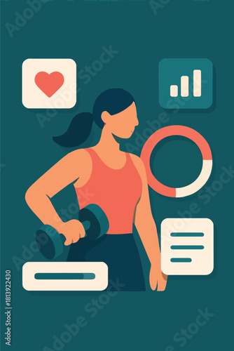 Illustration of a woman exercising with dumbbells, surrounded by health and fitness icons representing progress and well-being