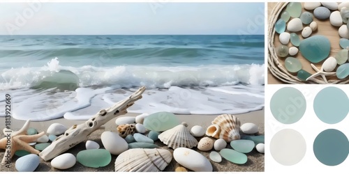 Fototapeta Naklejka Na Ścianę i Meble -  Coastal serenity: Beach composition with sea glass, shells and ocean waves