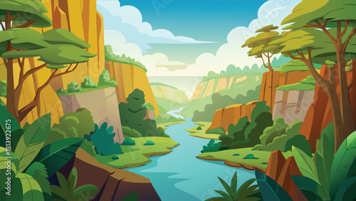 Wide jungle valley hidden between tall cliffs sun landscape vector illustration ai generated art
