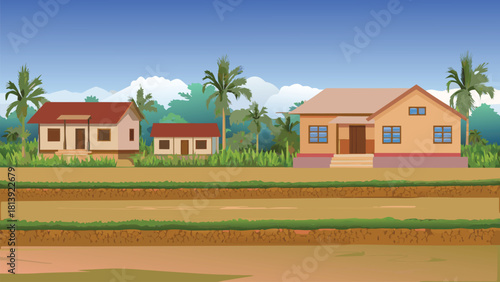 Warm orange dusk illuminating an Asian village surrounded by palm trees vector illustration ai generated art